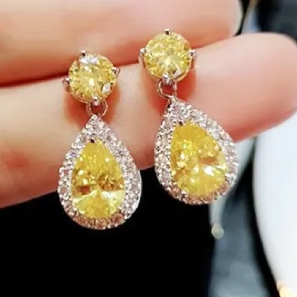 Yellow Colorful Waterdrop Earrings Zicon Double‎ Pear Crystal with Silver